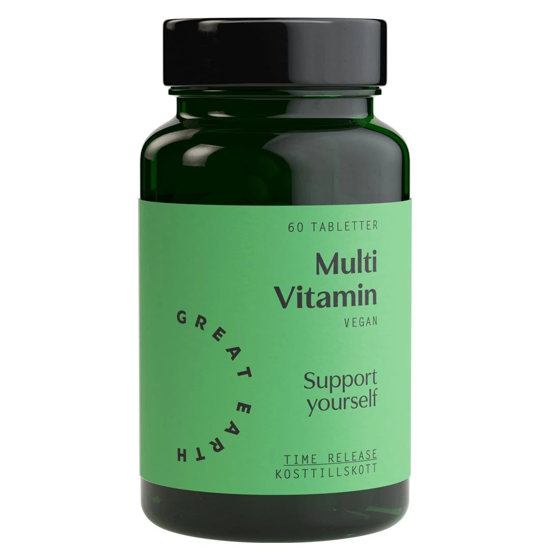 Great Earth Multi Vitamin 60 tabs tummanvihreässä purkissa, jossa on musta kansi ja vaaleanvihreä etiketti., kuva 1/1