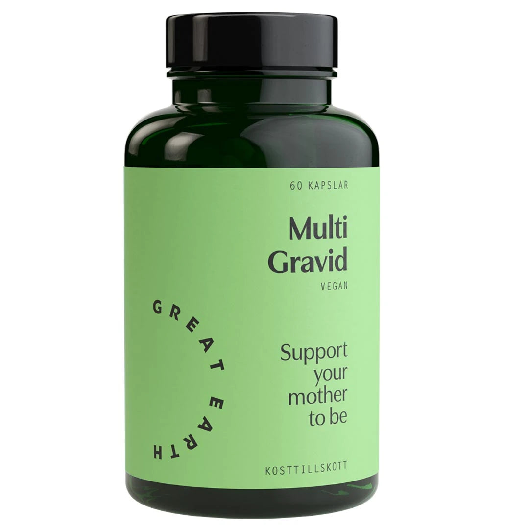 Great Earth Multi Gravid 60 kap, vegaaninen monivitamiini, tummanvihreässä purkissa vaaleanvihreällä etiketillä., kuva 1/1