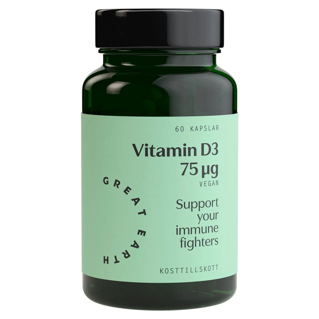 Great Earth Vitamin D3 75 μg 60 caps tummanvihreässä purkissa, jossa on musta kansi ja vaaleanvihreä etiketti., kuva 1/1