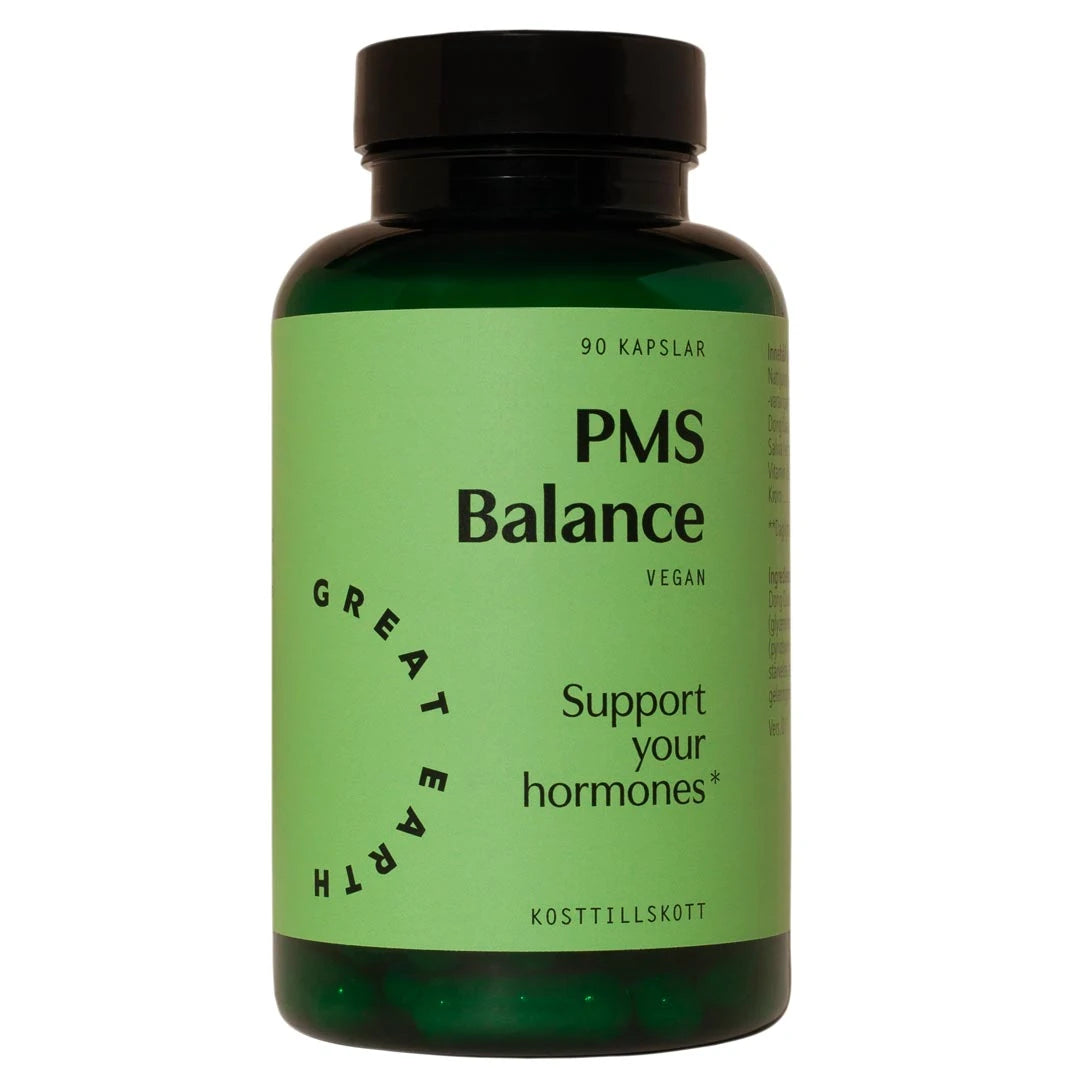 Great Earth PMS Balance 90 caps tummanvihreässä purkissa, jossa on vaaleanvihreä etiketti., kuva 1/1
