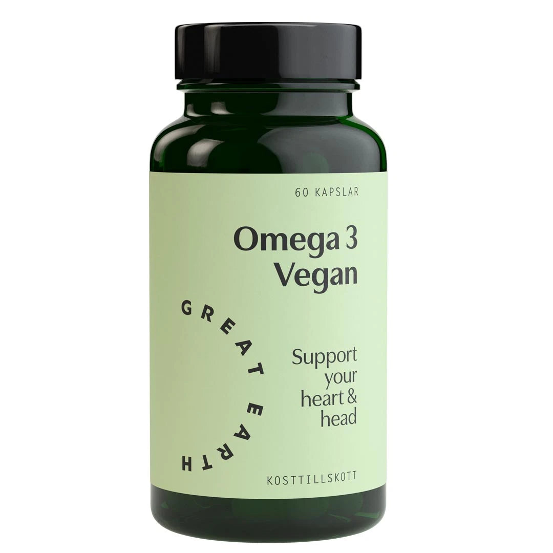 Great Earth Omega 3 Vegan 60 caps tummanvihreässä purkissa, jossa on vaaleanvihreä etiketti ja musta teksti., kuva 1/1