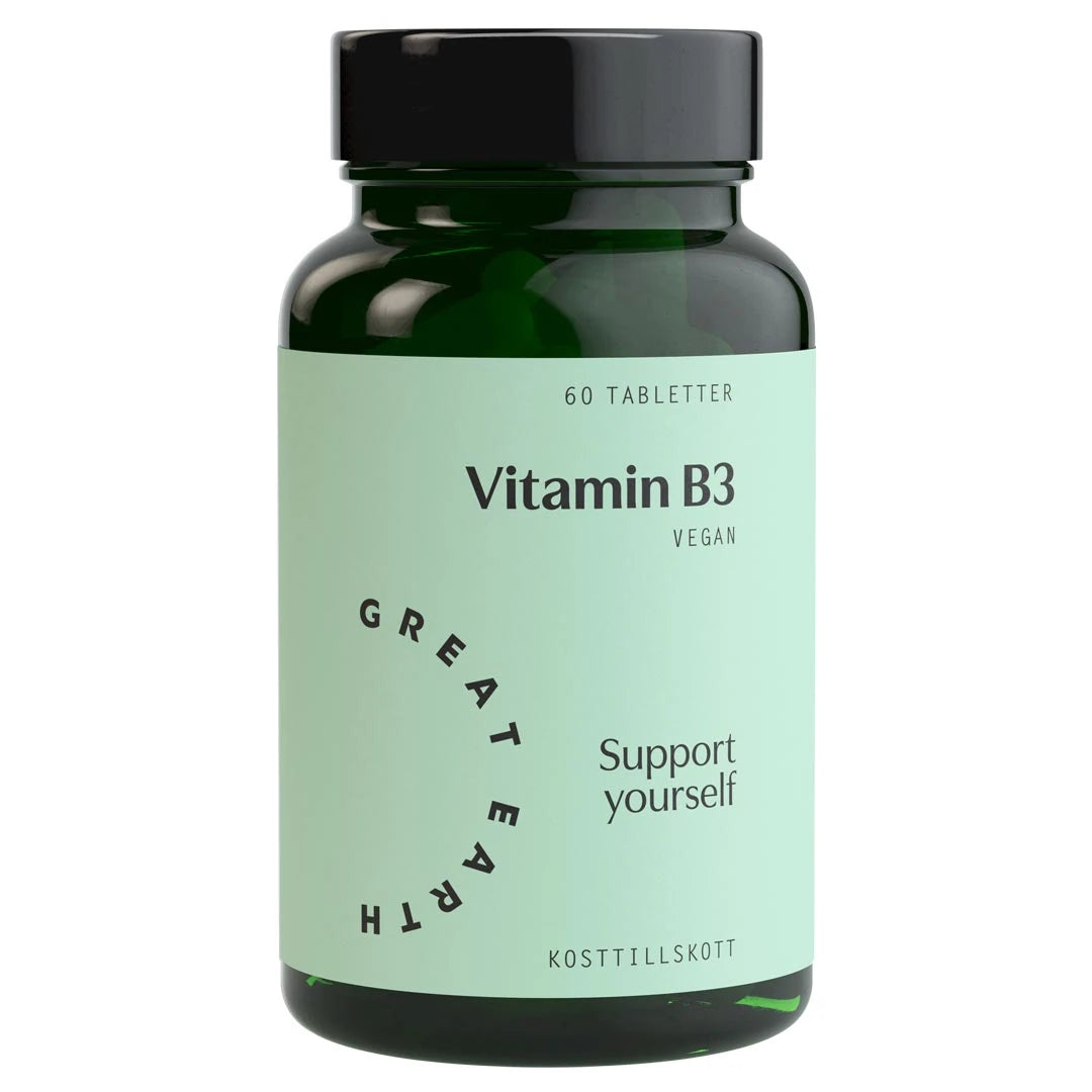 Great Earth Vitamin B3 60 tabs i en mörkgrön burk med ljusgrön etikett och svart lock., bild 1 av 1