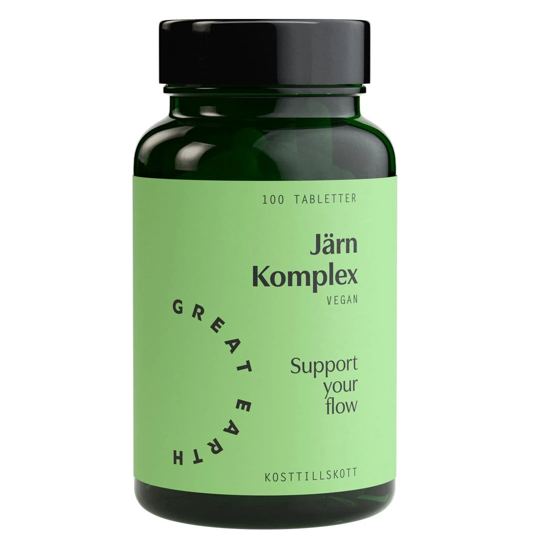 Tummanvihreä purkki vaaleanvihreällä etiketillä sisältää vegaaniset Great Earth Järn Komplex 100 tabs -rautatabletit., kuva 1/1