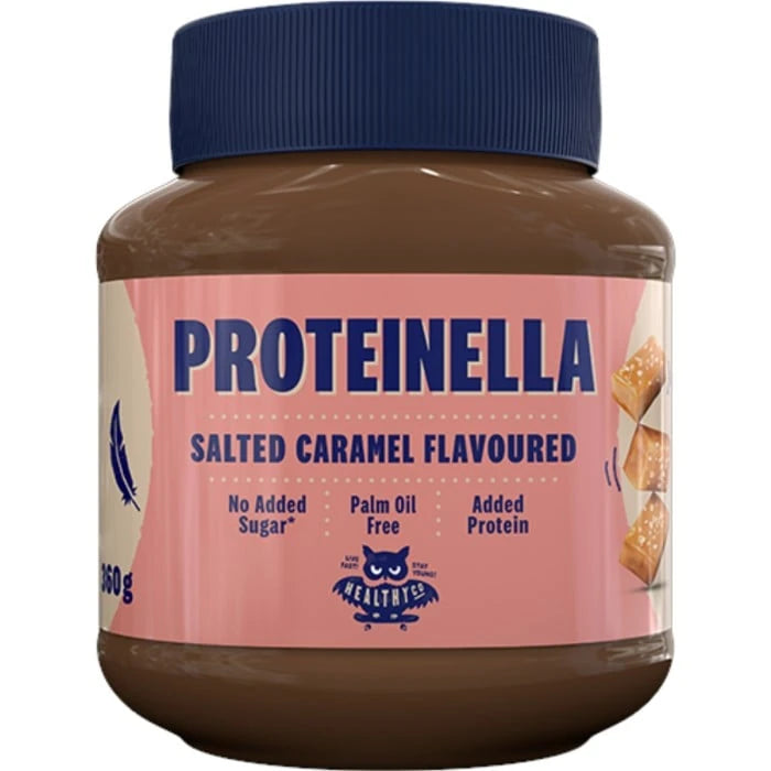 HealthyCo Proteinella 360 g Salted Caramel -purkki tummansinisellä kannella ja vaaleanpunaisella etiketillä., kuva 1/1