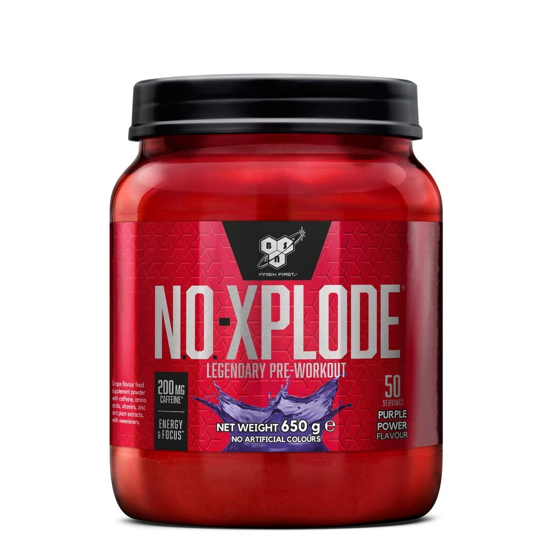 BSN N.O. Xplode Legendary 650 g PWO-jauhe punaisessa purkissa mustalla kannella, makuna Purple Power., kuva 1/1