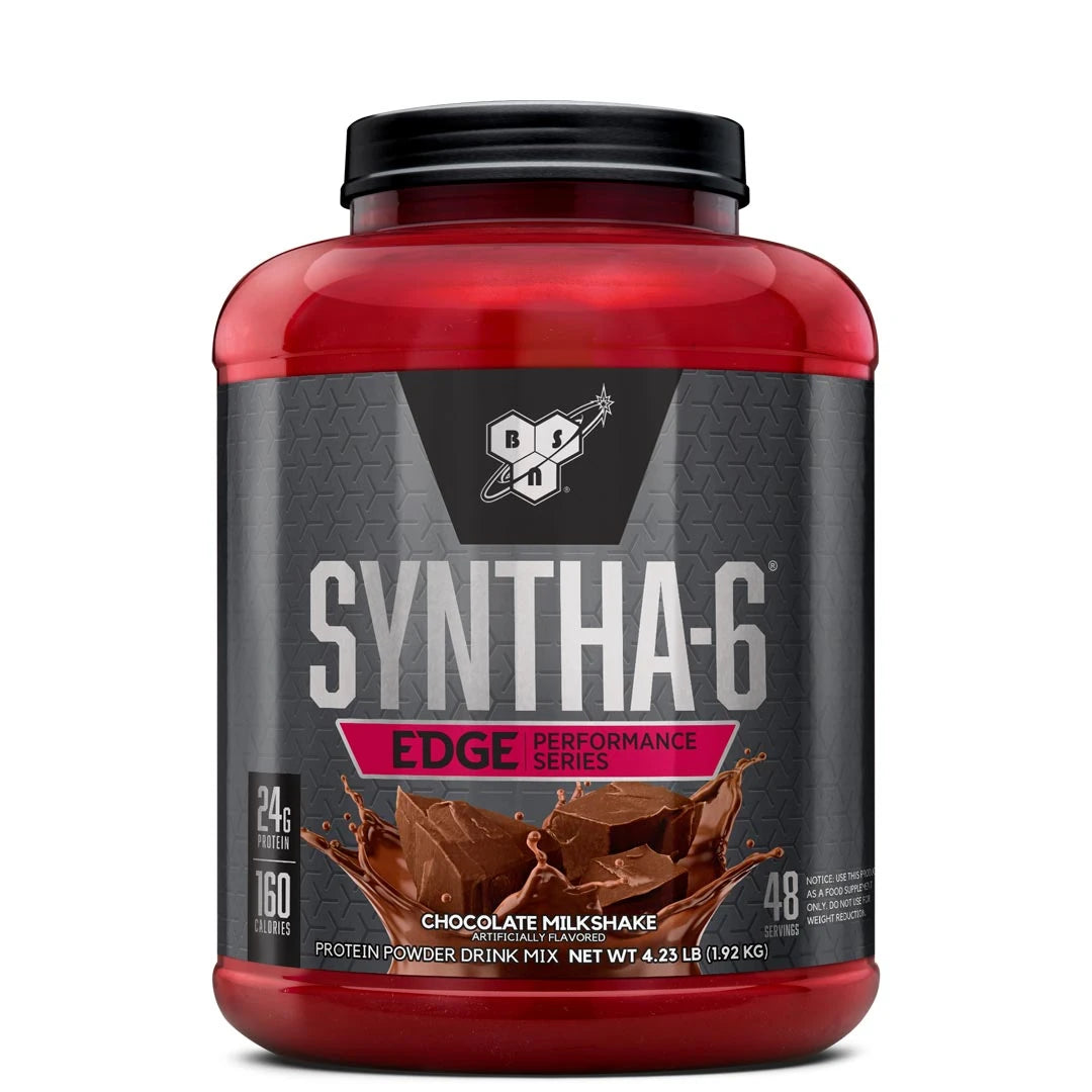 BSN Syntha 6 EDGE 1.92 kg -proteiinijauhe punaisessa purkissa mustalla etiketillä, makuna Chocolate Milkshake., kuva 1/1