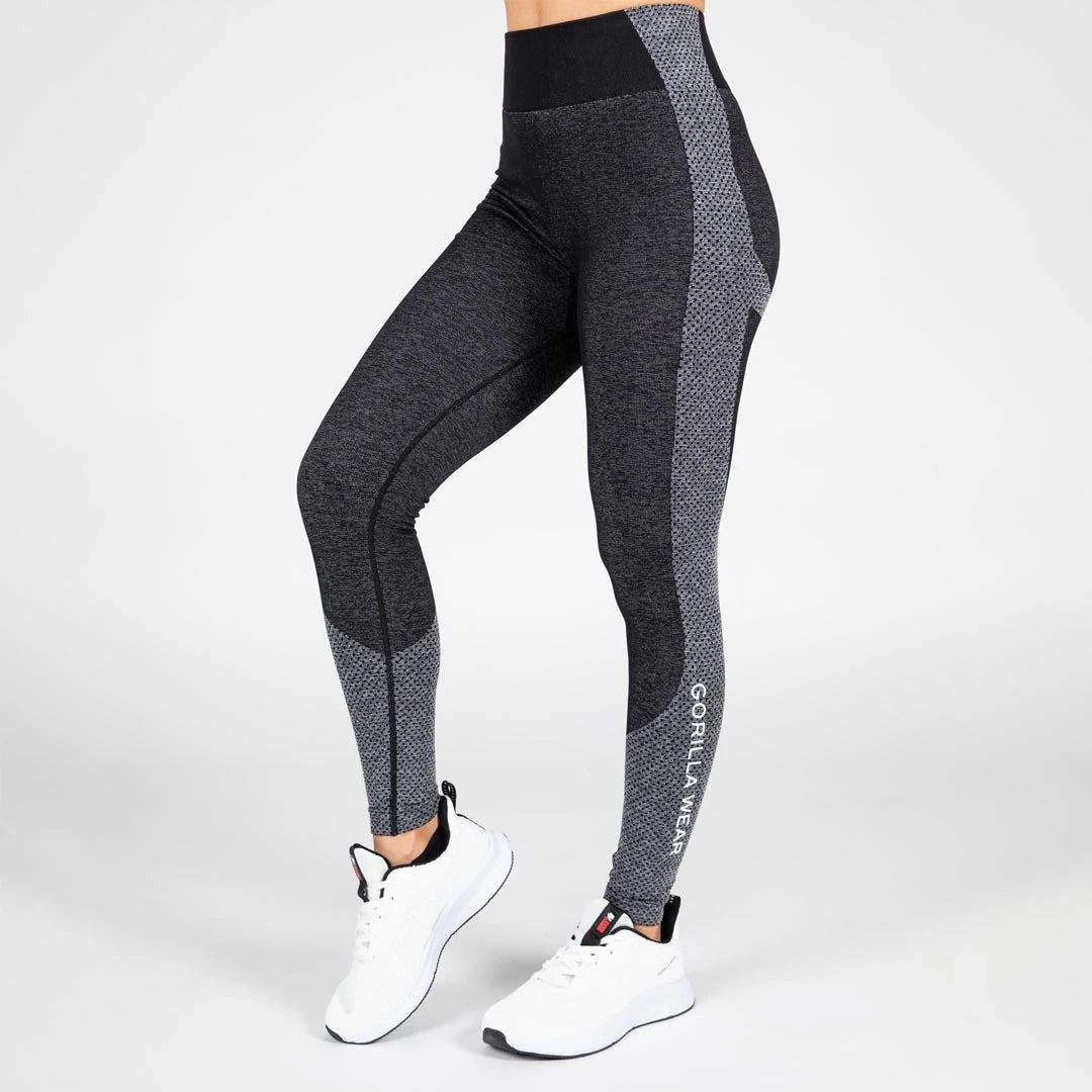 Gorilla Wear Selah Seamless Leggings Black, mustat korkeavyötäröiset treenitrikoot vaaleanharmailla sivupaneeleilla., kuva 2/5