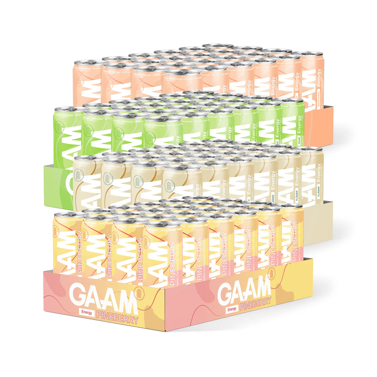 96 x GAAM Energy 330 ml Mixflak, neljä pinottua laatikkoa värikkäitä energiajuomatölkkejä eri mauissa., kuva 1/1