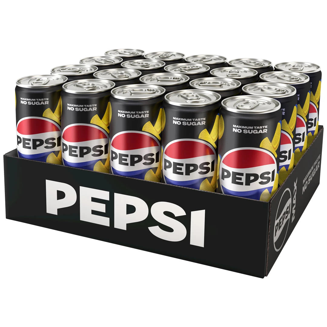 20 x Pepsi MAX 330 ml Lemon mustalla pahvilavalla, joka on täynnä mustia tölkkejä kultaisilla sitruunayksityiskohdilla.