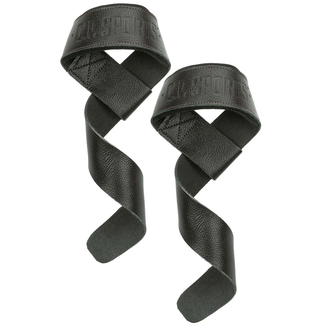 Tummanruskeat, pehmustetut C.P. Sports Padded Leather Lifting Straps Brown -nahkavetoremmit kohokuvioidulla logolla., kuva 1/3