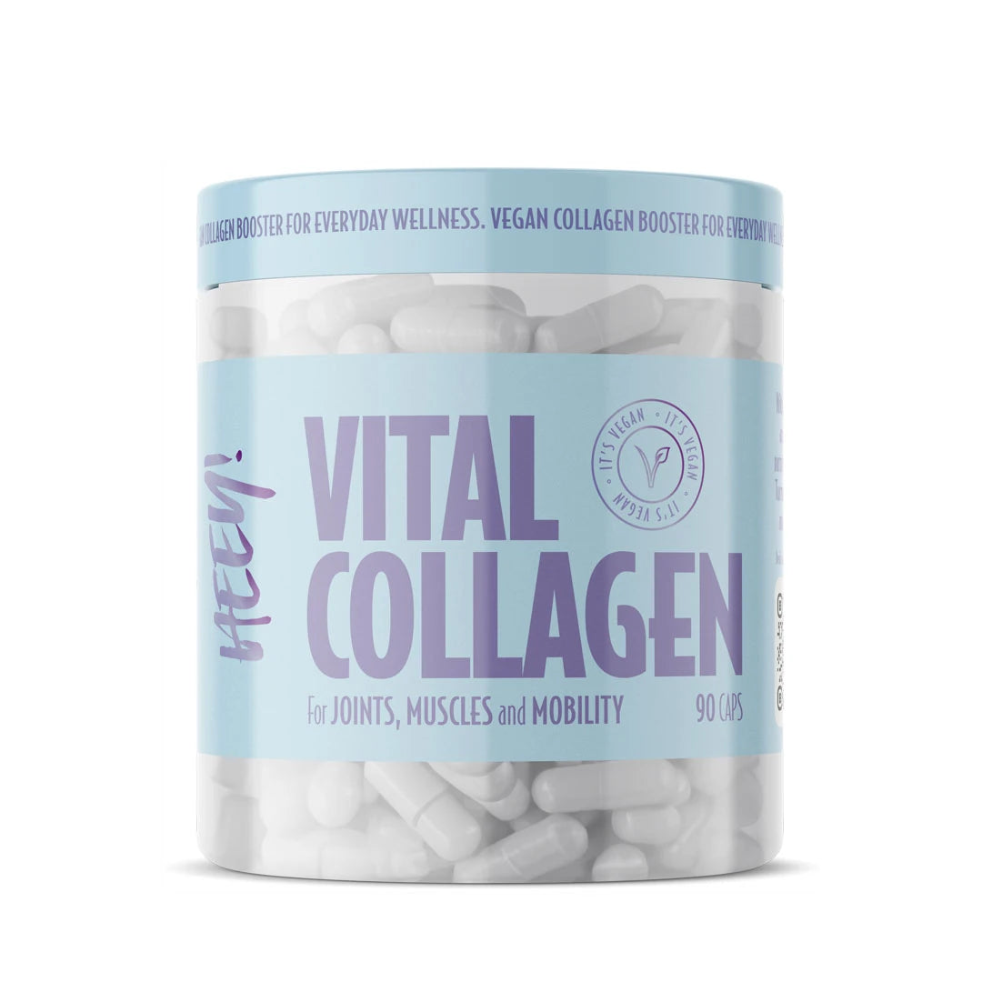 Heey! Vital Collagen + Mineraler 90 kapselia läpinäkyvässä purkissa, jossa on vaaleansininen etiketti ja violetti teksti., kuva 1/1