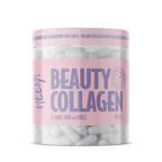 Heey! Beauty Collagen + Hyaluronsyra 90 caps i en genomskinlig burk med rosa etikett och vita veganska kapslar.