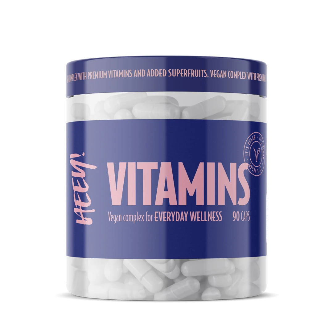 Heey! Multivitamin + Superfruits 90 caps läpinäkyvässä purkissa, jossa on sininen etiketti ja valkoisia kapseleita., kuva 1/1