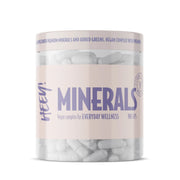 Heey! Multimineral + Greens 90 caps läpinäkyvässä purkissa vaaleanpunaisella etiketillä ja valkoisilla vegaanikapseleilla.