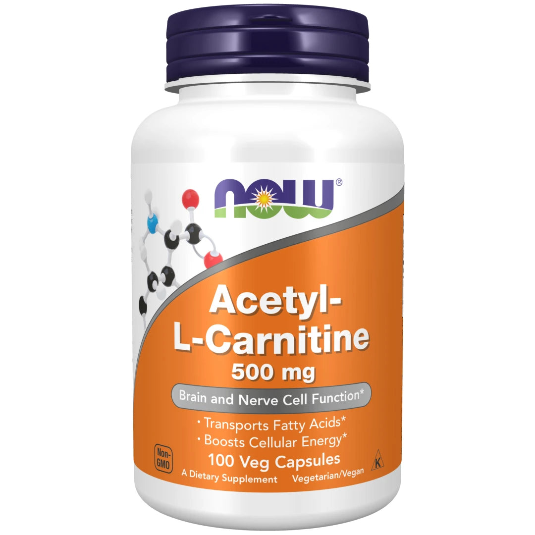 NOW Acetyl-L-Carnitine 500 mg 100 caps -aminohappo valkoisessa purkissa oranssilla etiketillä ja tummansinisellä kannella.