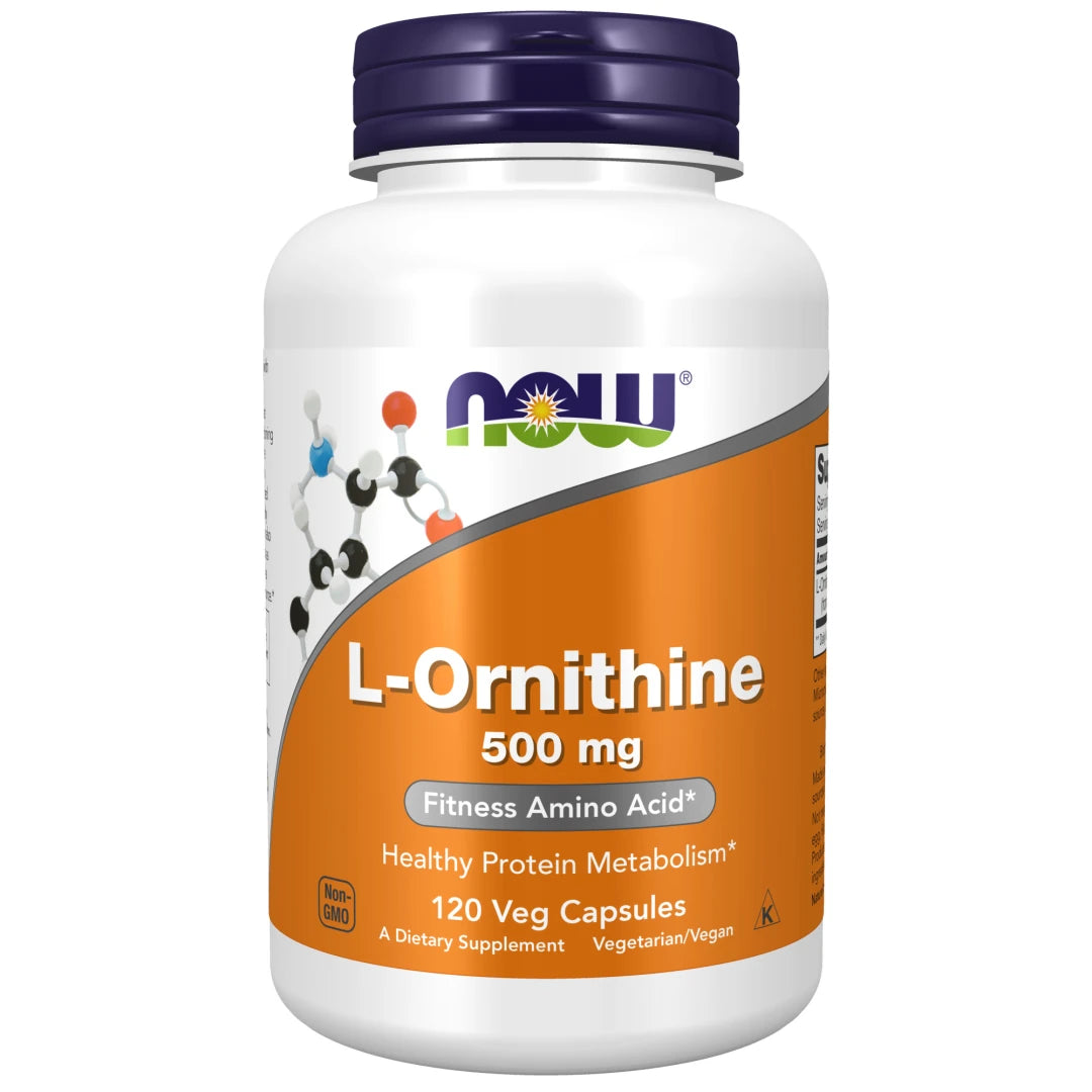 NOW L-Ornithine 500 mg 120 caps valkoisessa purkissa, jossa on oranssi etiketti ja tummanvioletti korkki., kuva 1/1