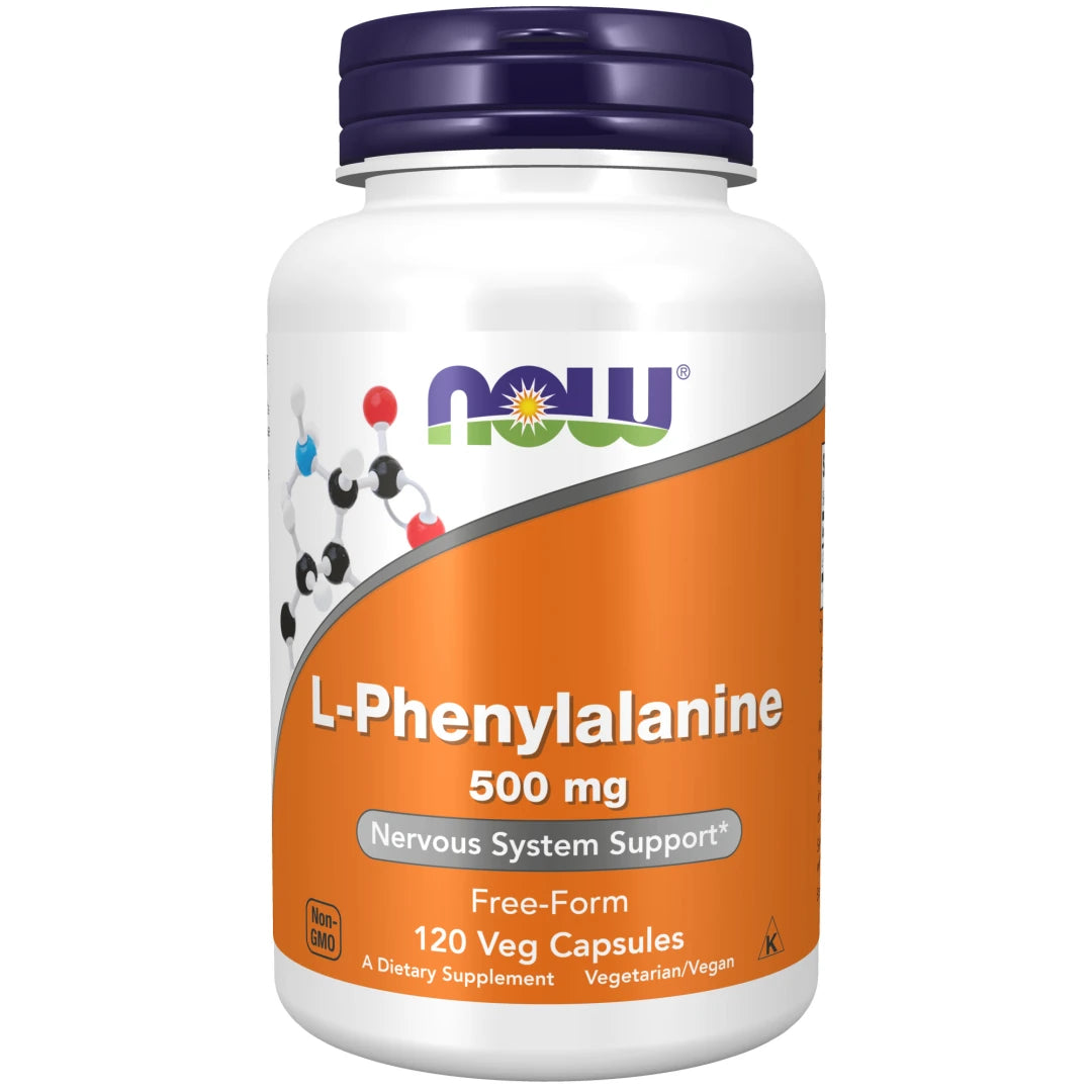 NOW L-Phenylalanine 500 mg 120 caps -ravintolisä valkoisessa purkissa, jossa on oranssi etiketti ja tummansininen kansi., kuva 1/1