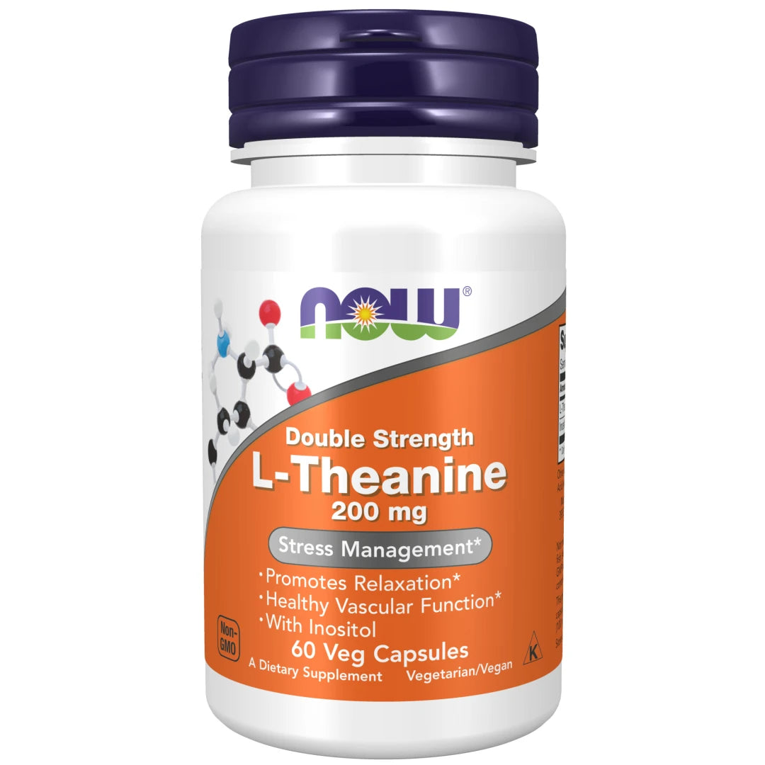 NOW L-Theanine 200 mg 60 caps i en vit burk med lila lock och orange etikett., bild 1 av 1