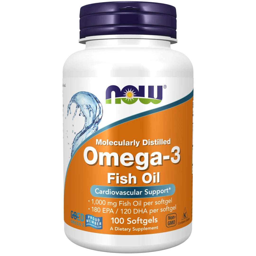 NOW Omega-3 100 caps valkoisessa muovipurkissa, jossa on tummansininen kansi ja erottuva oranssi etiketti., kuva 1/1