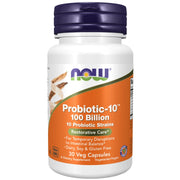 NOW Probiotic-10 100 billion 30 caps valkoisessa muovipurkissa, jossa on tummansininen kansi ja oranssi etiketti.