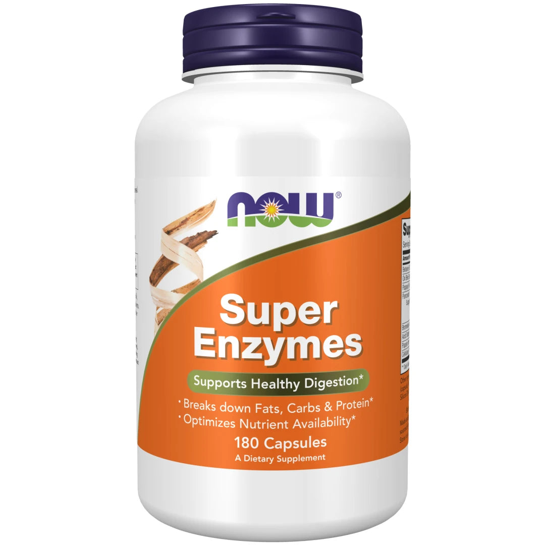 NOW Super Enzymes 180 caps valkoisessa purkissa, jossa on oranssi etiketti ja tummansininen kansi., kuva 1/1
