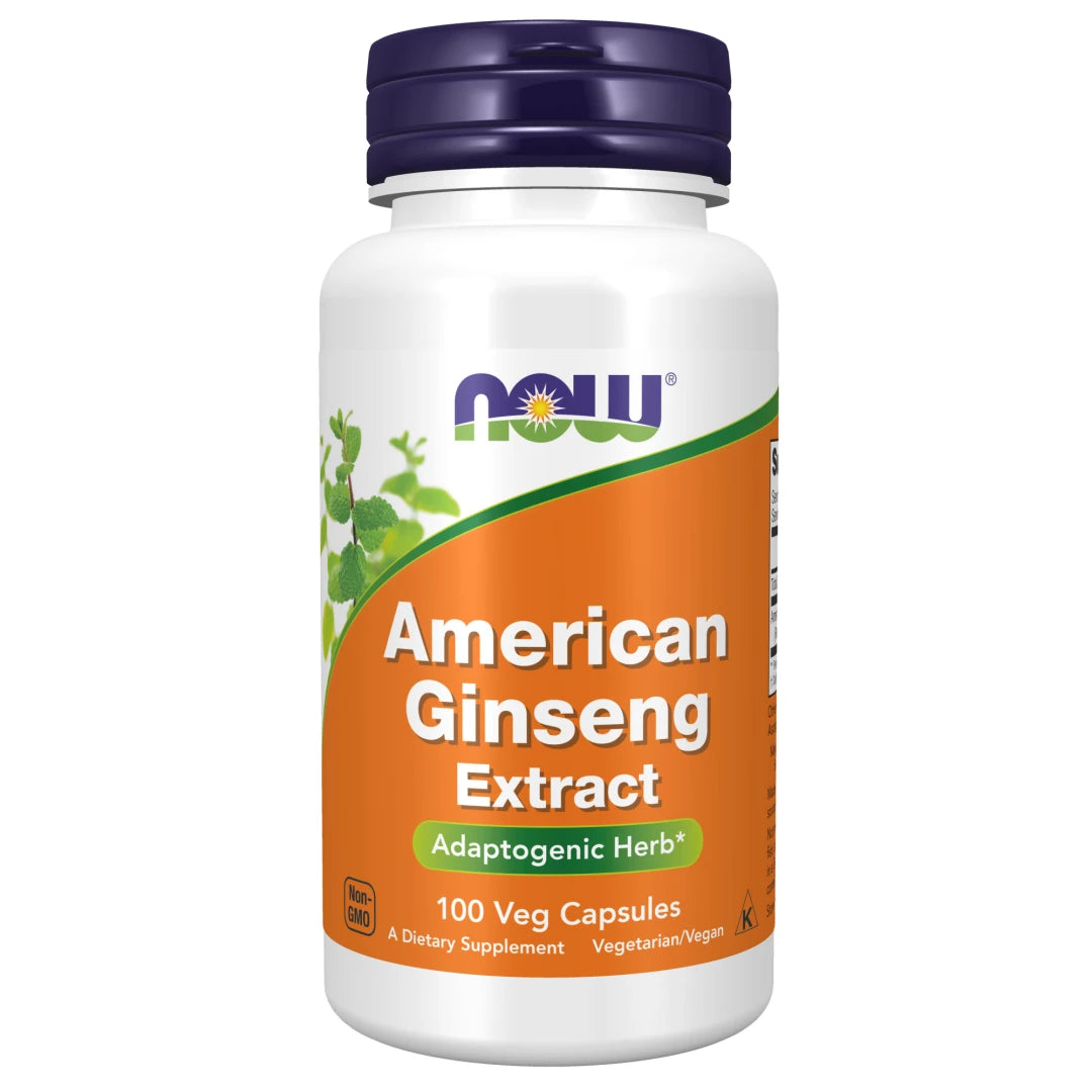 NOW American Ginseng 100 caps valkoisessa purkissa, jossa on liila kansi ja oranssi etiketti., kuva 1/1