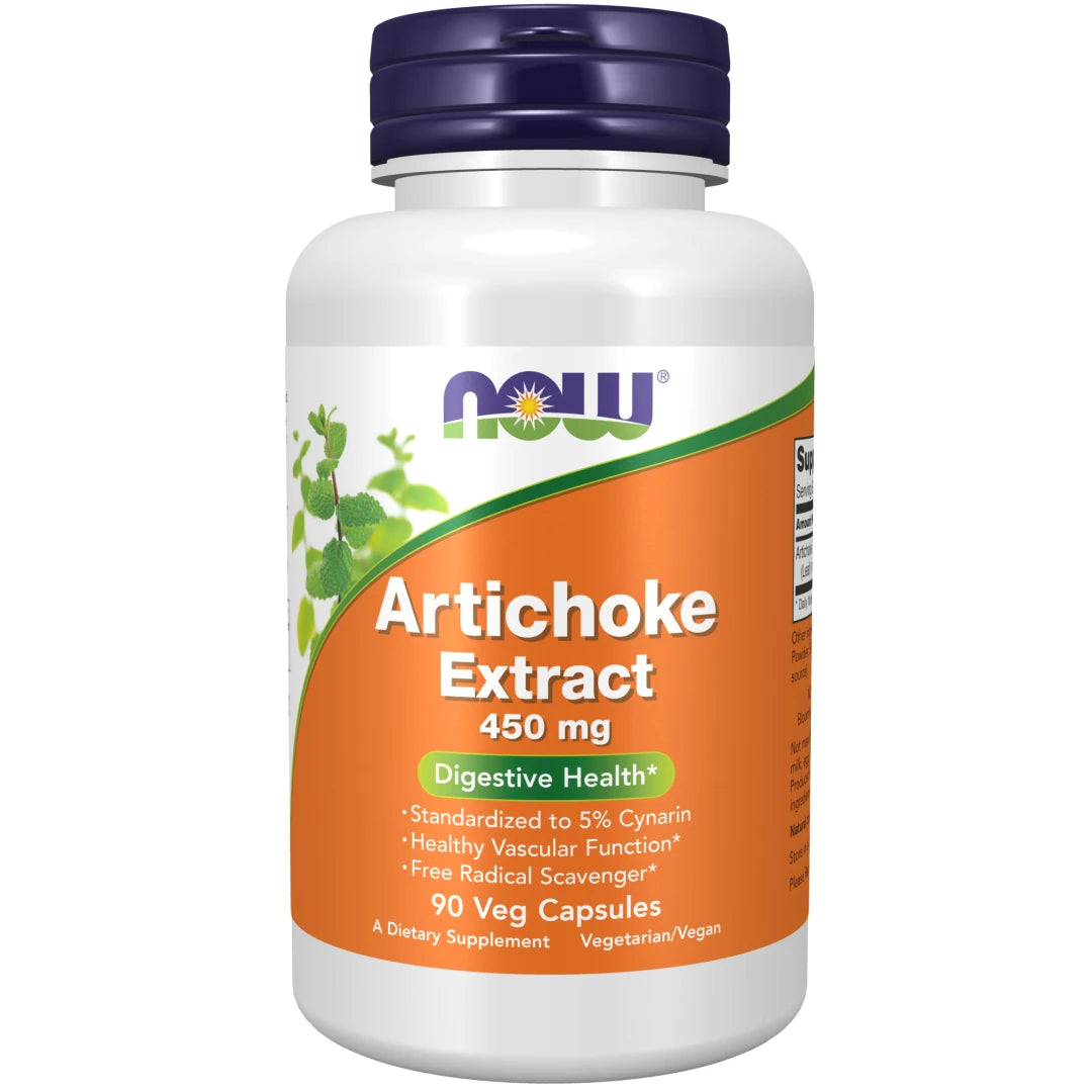 NOW Artichoke Extract 450 mg 90 caps -ravintolisä valkoisessa purkissa, jossa on tummansininen kansi ja oranssi etiketti., kuva 1/1