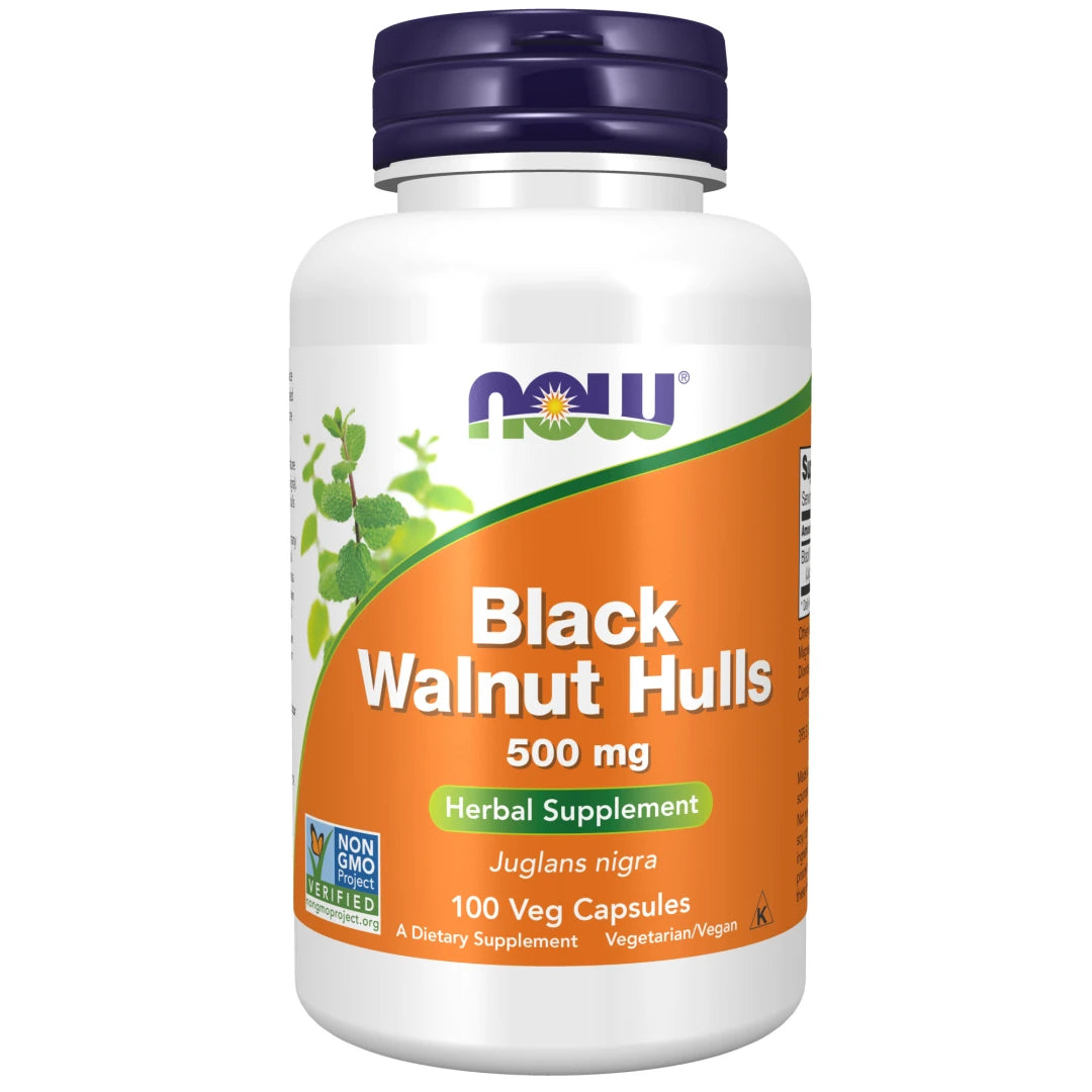 NOW Black Walnut Hulls 500 mg 100 caps valkoisessa purkissa, jossa on oranssi etiketti ja tummanvioletti kansi., kuva 1/1