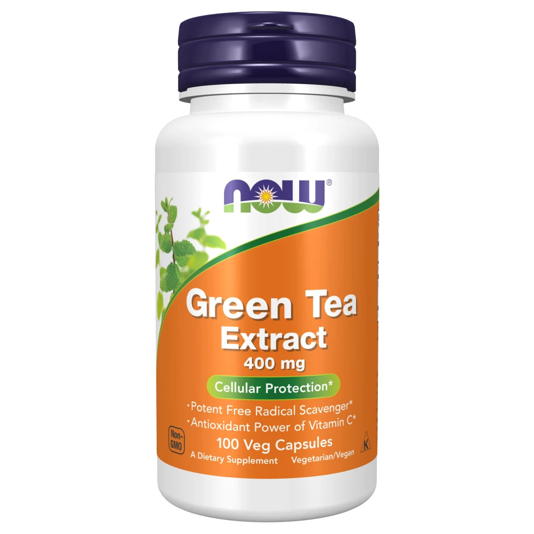NOW Green Tea Extract 400 mg 100 caps -ravintolisä valkoisessa purkissa, jossa on oranssi etiketti ja tummanvioletti korkki., kuva 1/1