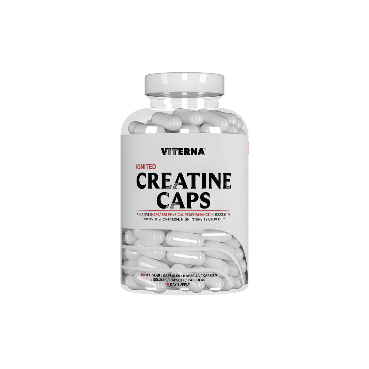 Viterna Ignited Creatine 180 caps läpinäkyvässä purkissa, jossa on valkoisia kapseleita ja punavalkoinen etiketti.