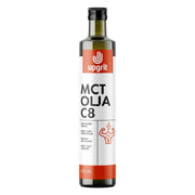Upgrit C8 MCT-öljy 500 ml tummassa lasipullossa, jossa valkoinen etiketti ja oransseja yksityiskohtia.