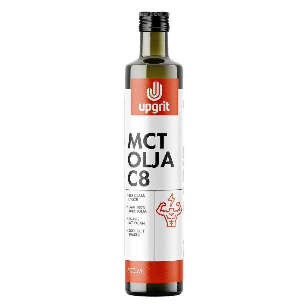 Upgrit C8 MCT-öljy 500 ml tummassa lasipullossa, jossa valkoinen etiketti ja oransseja yksityiskohtia., kuva 1/1
