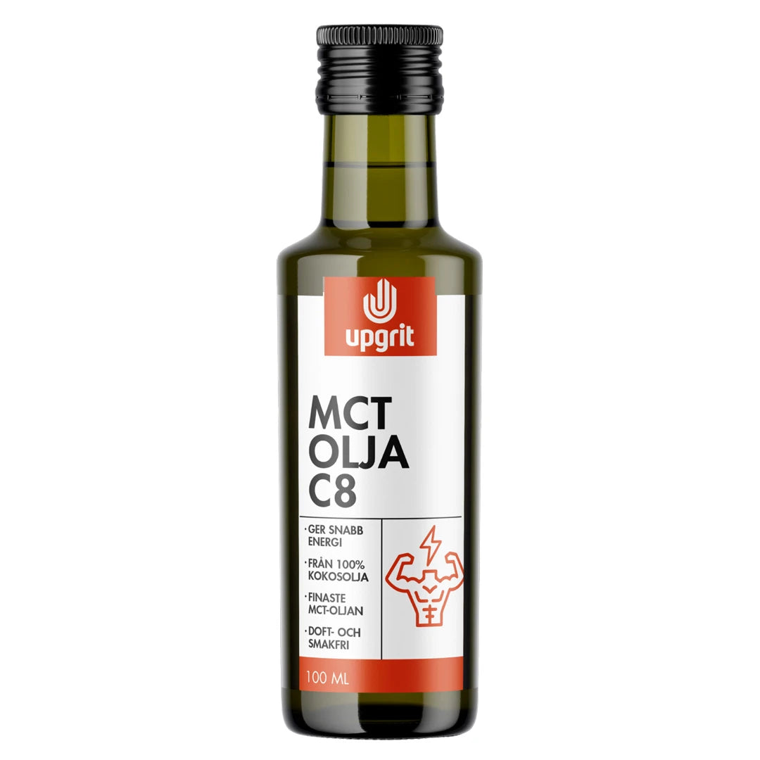 Upgrit C8 MCT-öljy 100 ml tummanvihreässä lasipullossa, jossa on valkoinen ja oranssi etiketti., kuva 1/1