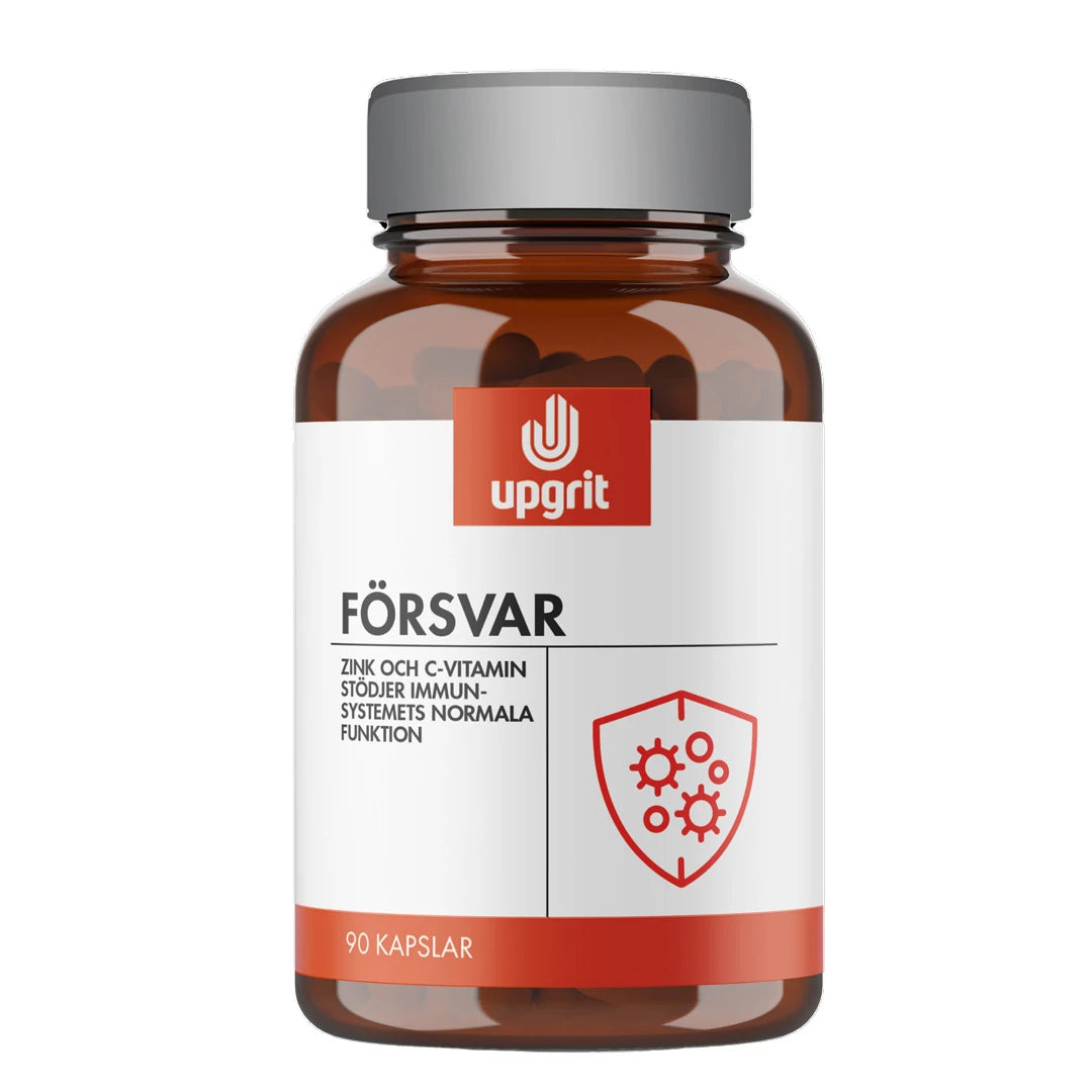 Upgrit Försvar 90 caps -ravintolisä tummassa lasipurkissa, jossa on valkoinen etiketti ja hopeinen kansi., kuva 1/1