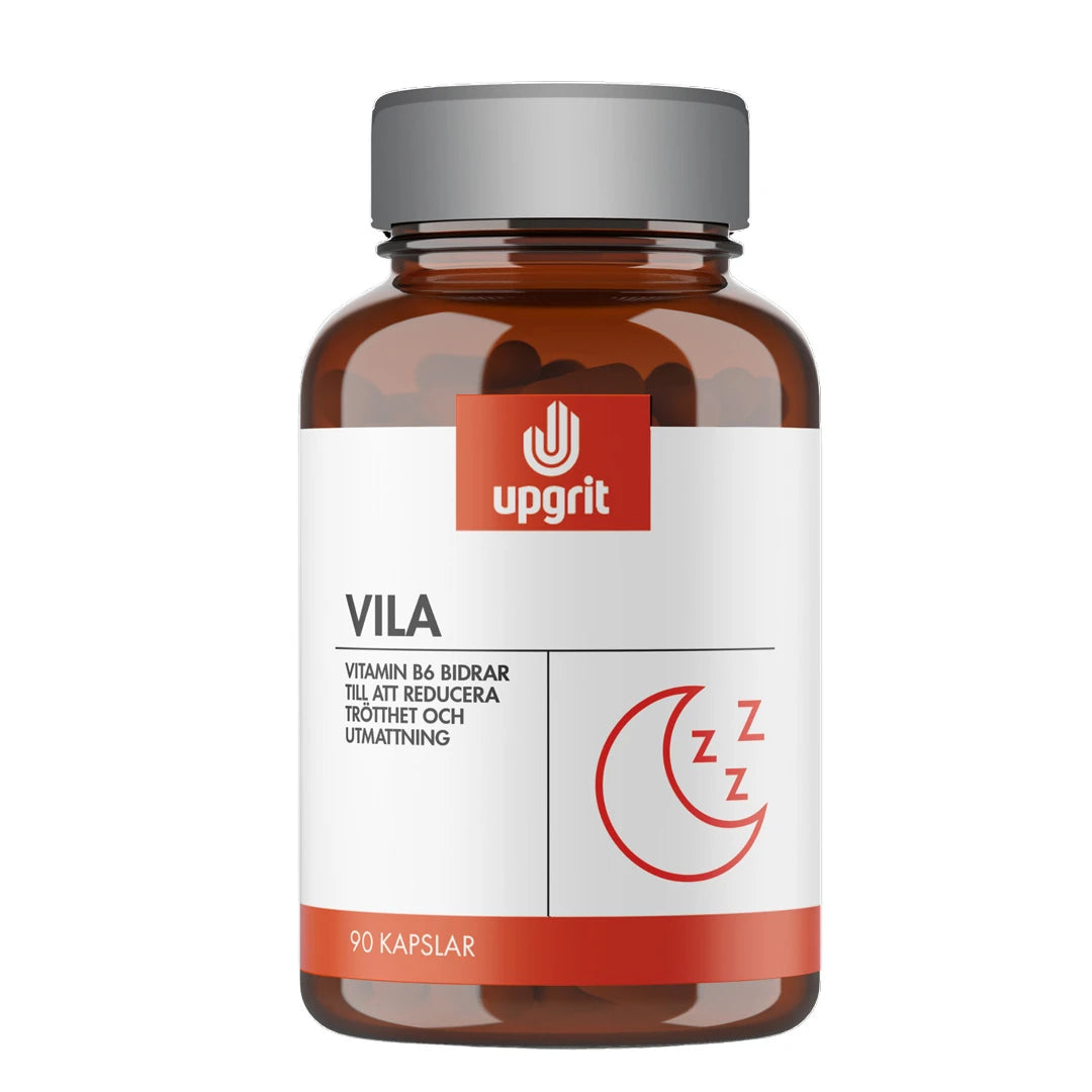 Upgrit Vila 90 caps -ravintolisä ruskeassa purkissa, jossa on hopeinen kansi ja valko-punainen etiketti., kuva 1/1
