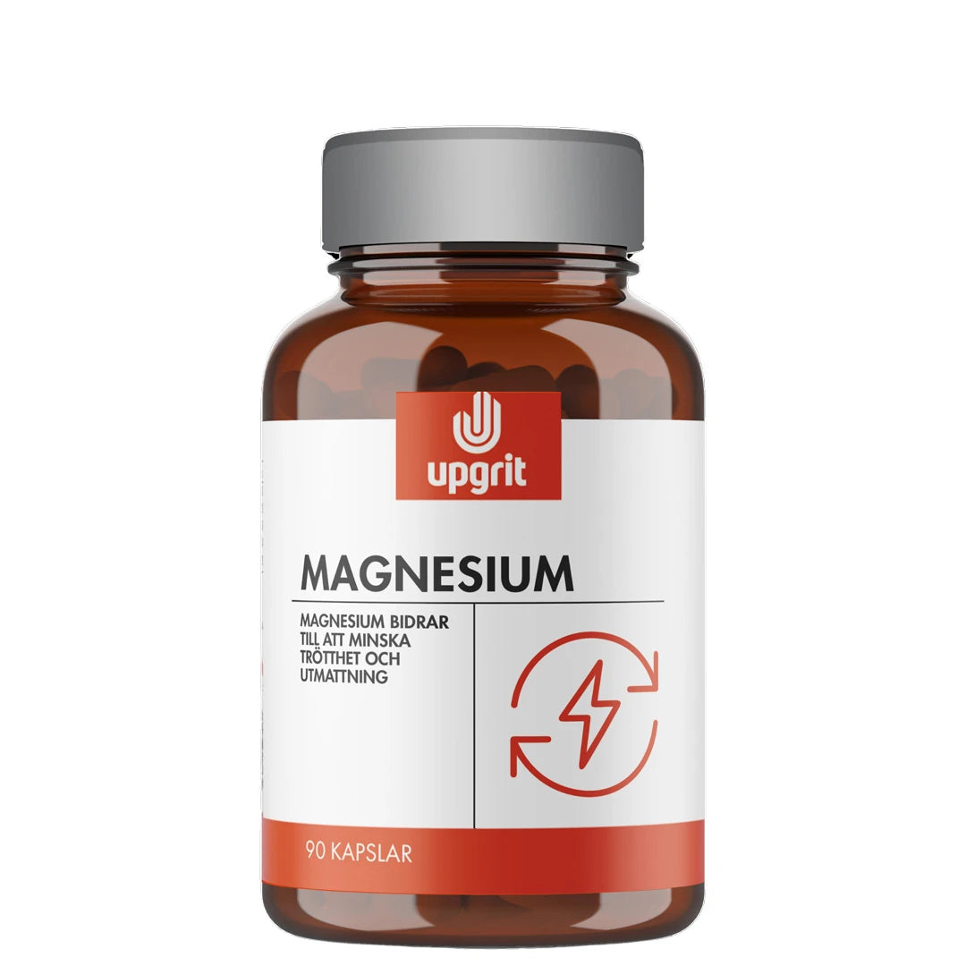 Upgrit Magnesium 90 caps -ravintolisä ruskeassa purkissa valkoisella etiketillä ja punaisilla yksityiskohdilla., kuva 1/1