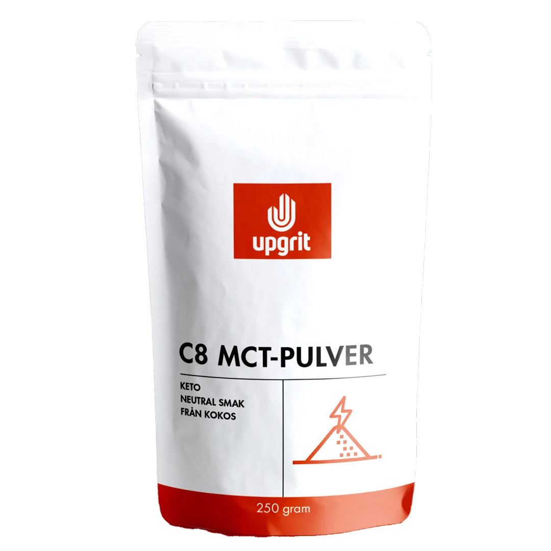 Upgrit C8 MCT-jauhe 250 g tyylikkäässä valkoisessa pussissa punaisilla yksityiskohdilla., kuva 1/1