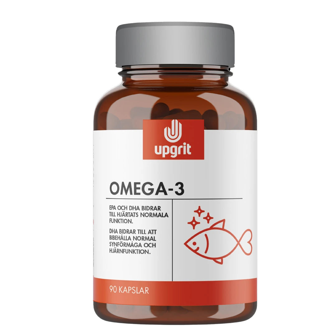 Upgrit Omega-3 90 caps tummanruskeassa hopeakantisessa purkissa, jonka valkoisessa etiketissä on punainen kalakuvitus., kuva 1/1