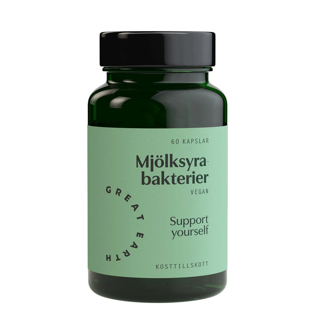 Great Earth Mjölksyrabakterier 60 caps -ravintolisä tummanvihreässä muovipurkissa vaaleanvihreällä etiketillä., kuva 1/1