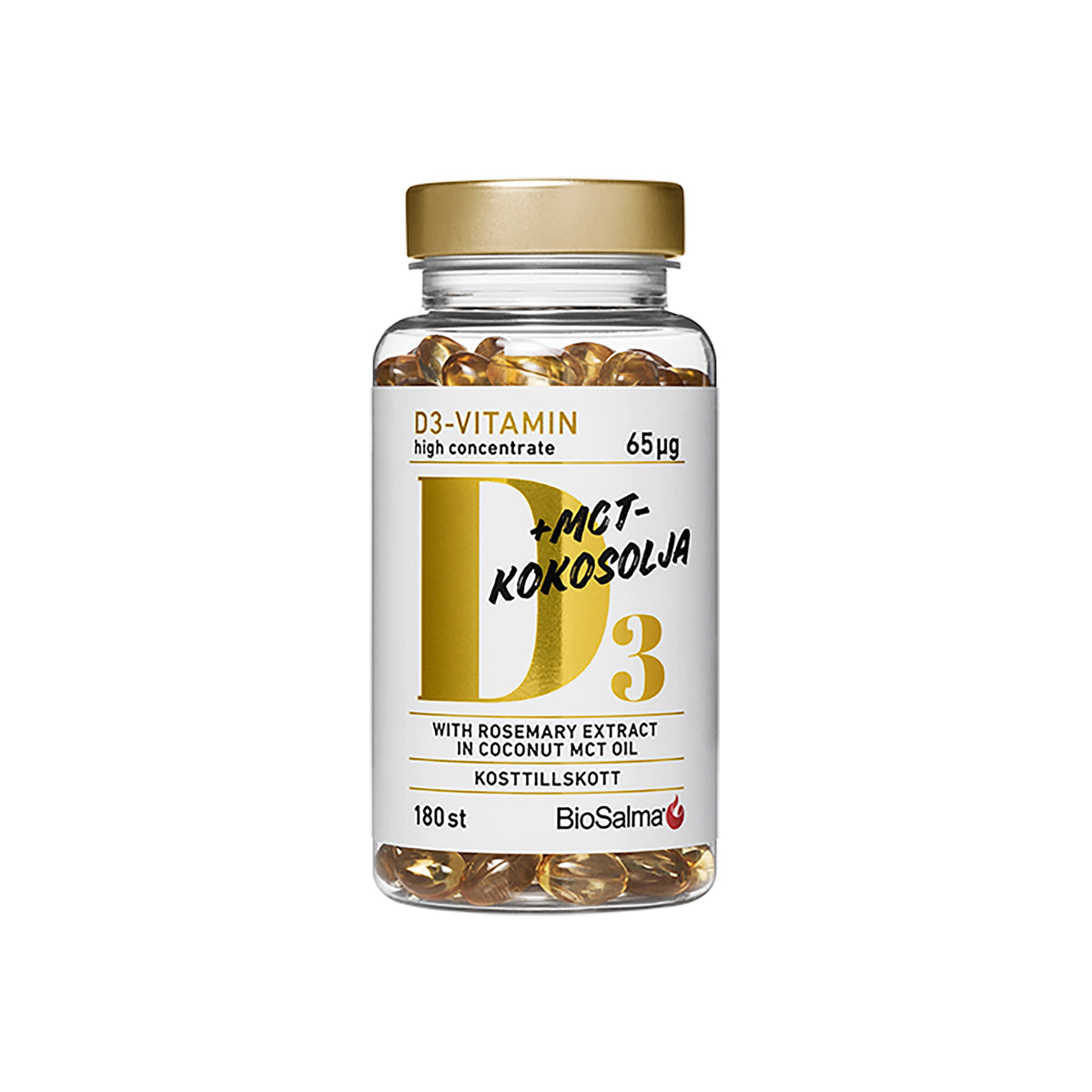 BioSalma D3 Vitamin 65 µg+ MCT 180 caps kultakantisessa läpinäkyvässä purkissa, joka on täynnä keltaisia kapseleita., kuva 1/1