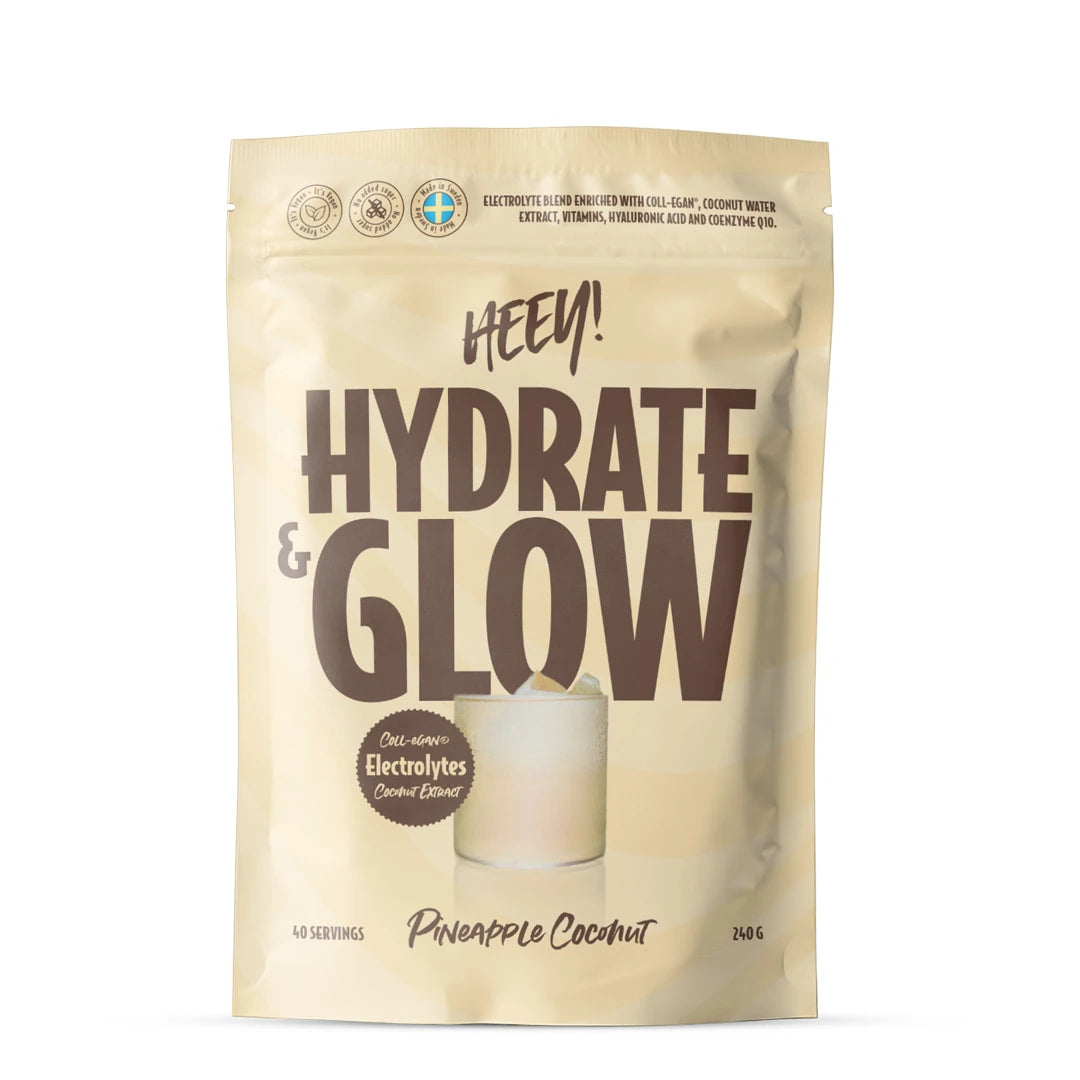 Heey! Elektrolyytit + Coll-egan® 240 g -elektrolyyttijauhe beigessä pussissa, makuna Pineapple Coconut., kuva 2/4