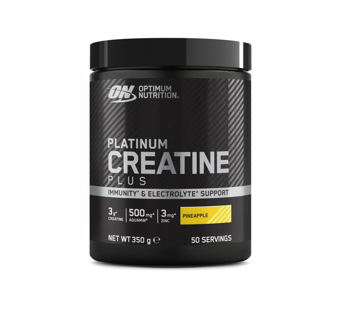 Optimum Nutrition Platinum Creatine Plus 350 g mustassa purkissa hopeisin ja keltaisin yksityiskohdin, makuna Pineapple., kuva 1/2