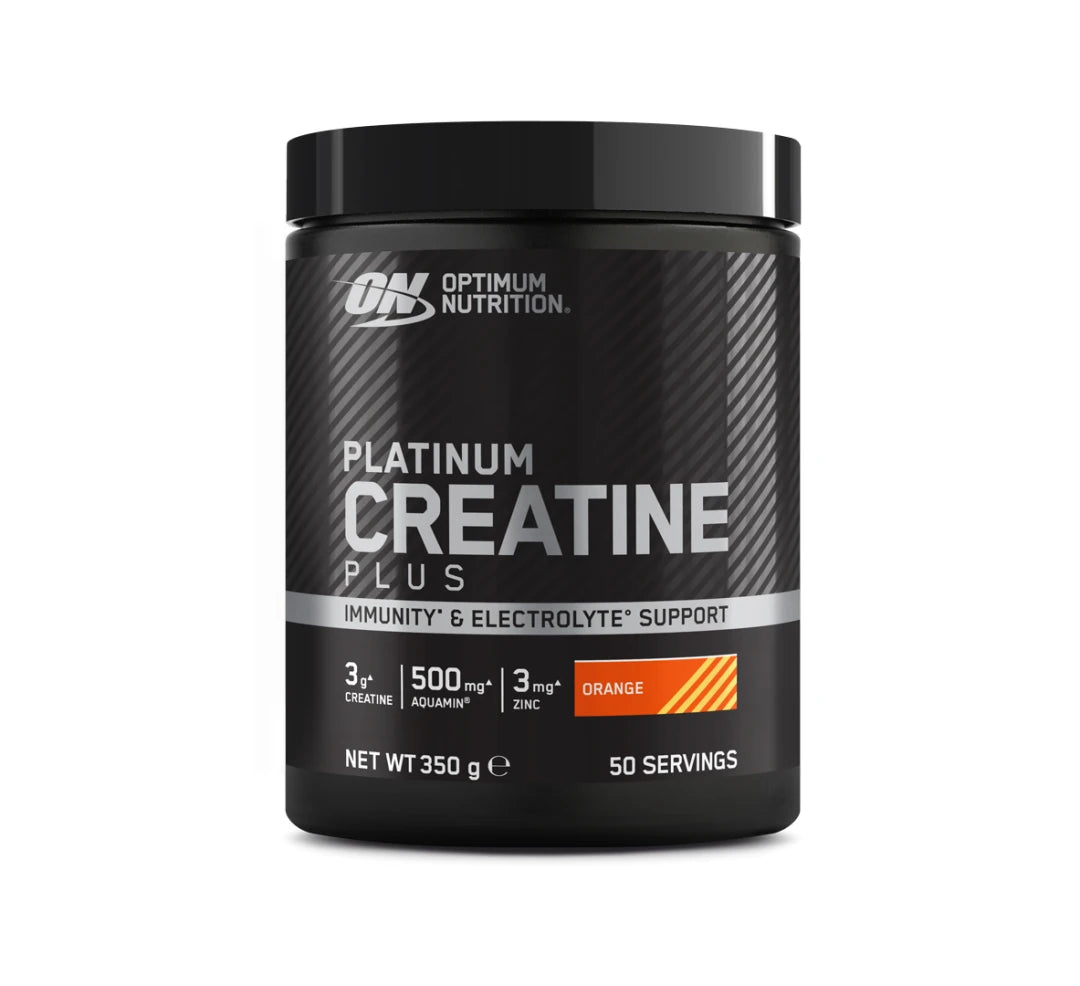 Optimum Nutrition Platinum Creatine Plus 350 g mustassa purkissa hopeisilla yksityiskohdilla, makuna Orange., kuva 2/2