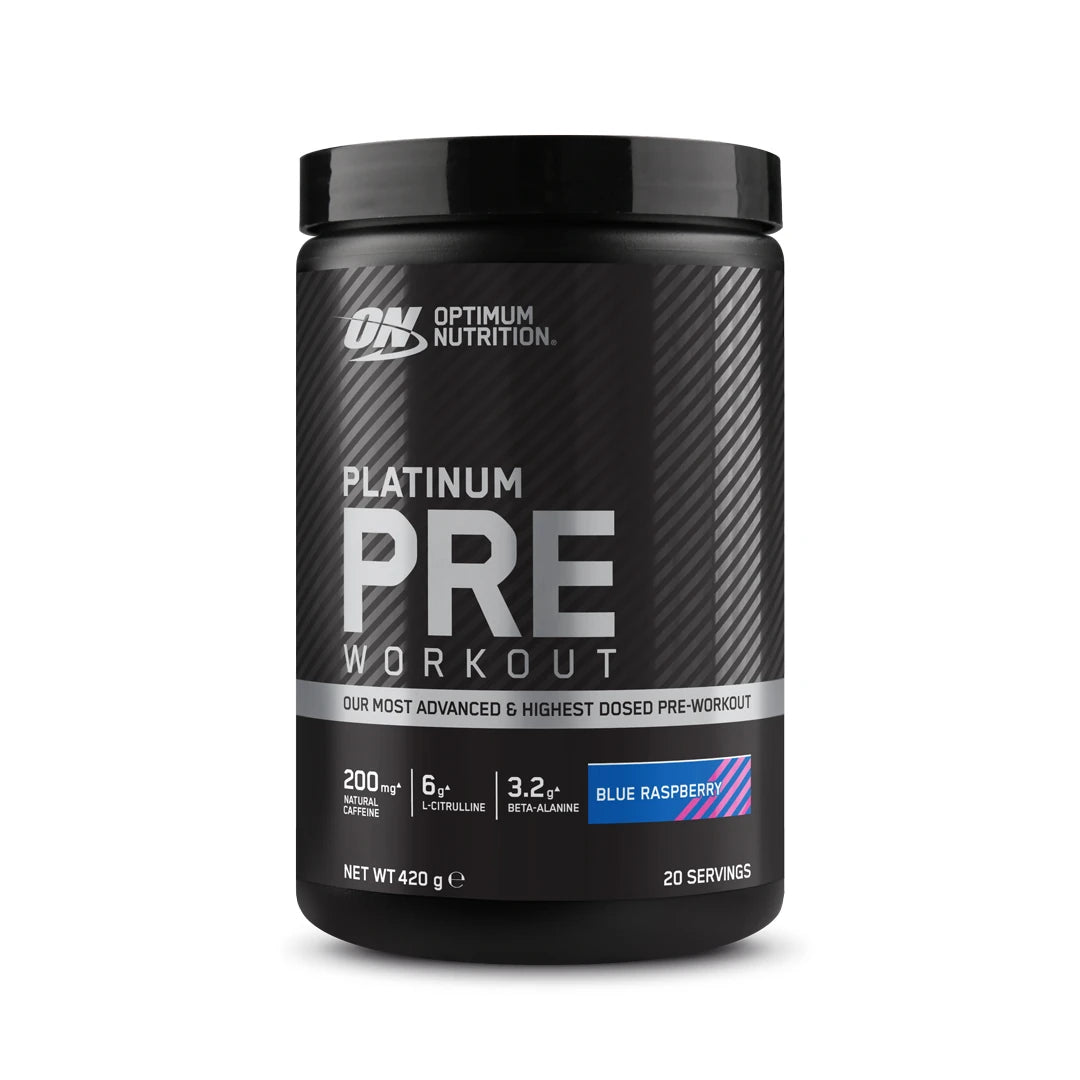 Optimum Nutrition Platinum Pre-Workout 420 g mustassa purkissa hopeisilla yksityiskohdilla, makuna Blue Raspberry., kuva 2/3
