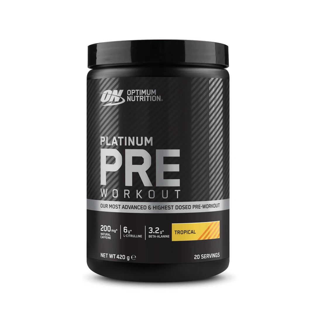 Optimum Nutrition Platinum Pre-Workout 420 g -treenilaturi mustassa purkissa hopeisilla yksityiskohdilla, makuna Tropical., kuva 3/3