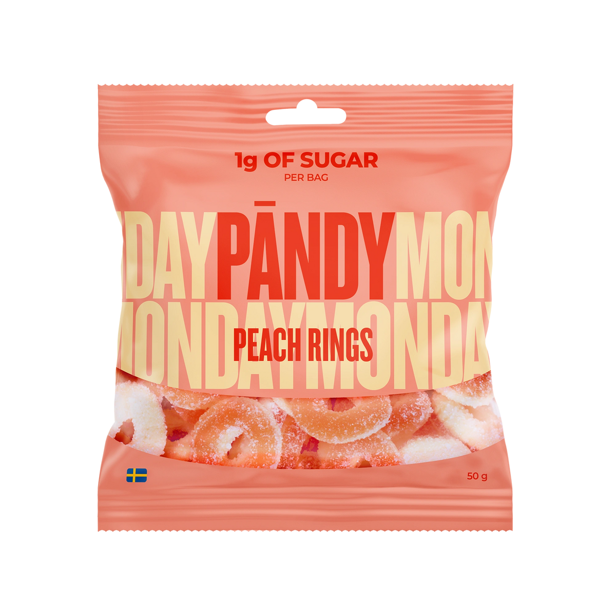 Pändy Candy Peach Rings 50 g persikanvärisessä pussissa, joka on täynnä pehmeitä hyytelö- ja vaahtorenkaita., kuva 1/1