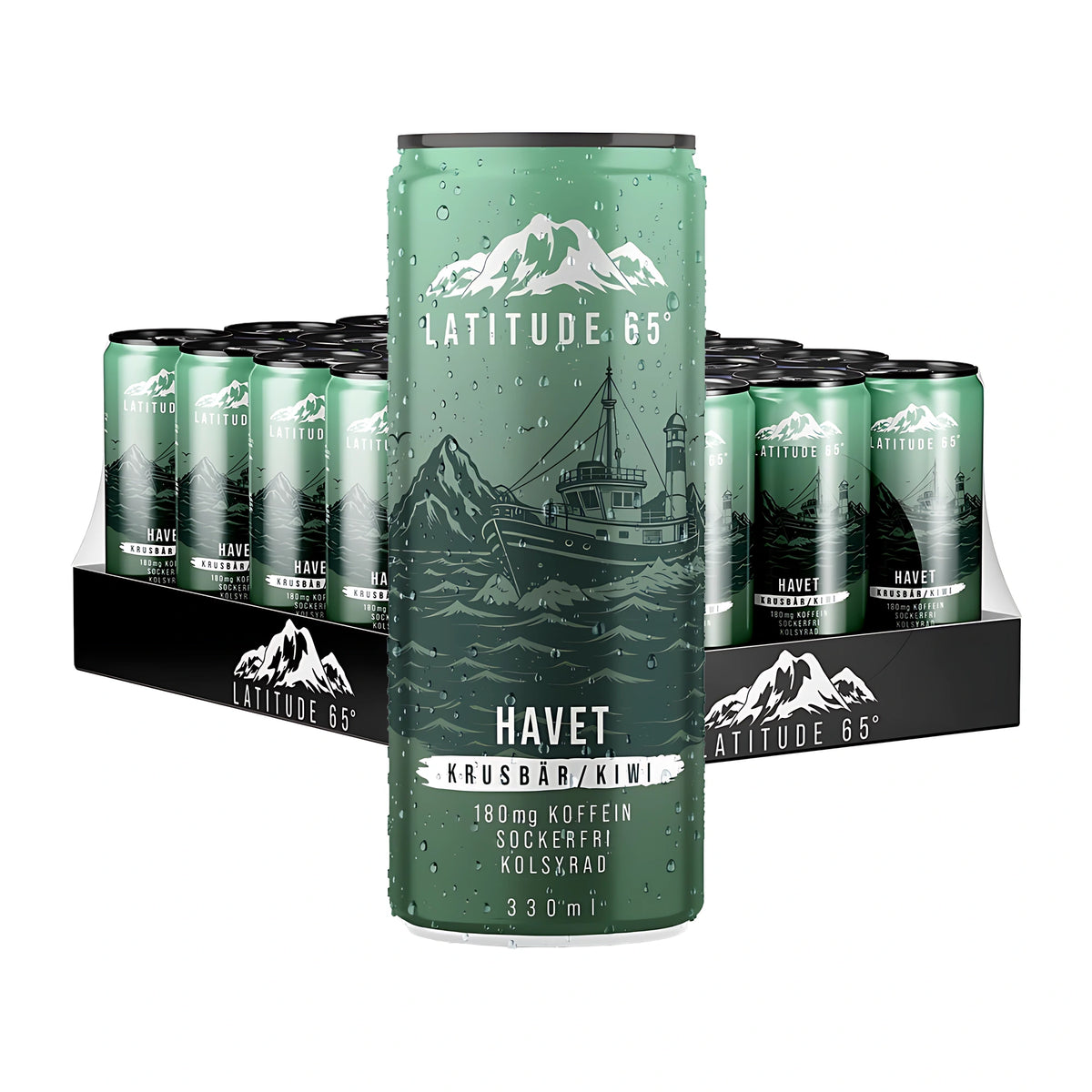 24 x Latitude 65 330 ml Havet - Karviainen/Kiivi -energiajuomaa vihreissä tölkeissä mustalla alustalla, yksi tölkki etualalla., kuva 1/1
