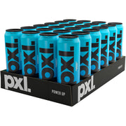 24 x PXL Energy 500 ml Insert Coin -energiajuoma mustalla lavalla, jossa on 24 vaaleansinistä tölkkiä mustilla yksityiskohdilla.
