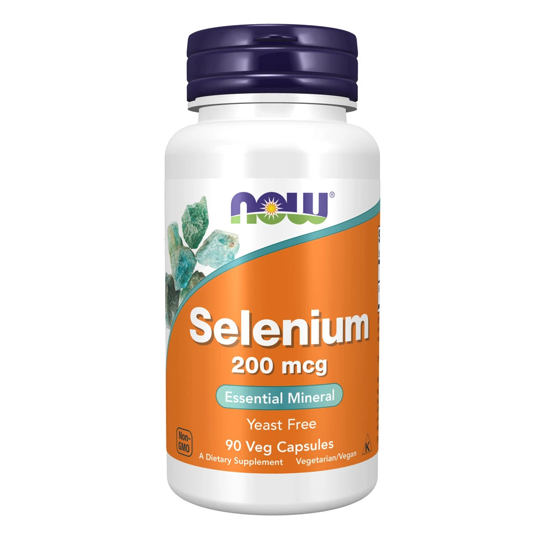 NOW Selenium 200mcg 90 vegkapslar -ravintolisä valkoisessa purkissa oranssilla etiketillä ja tummansinisellä kannella., kuva 1/1