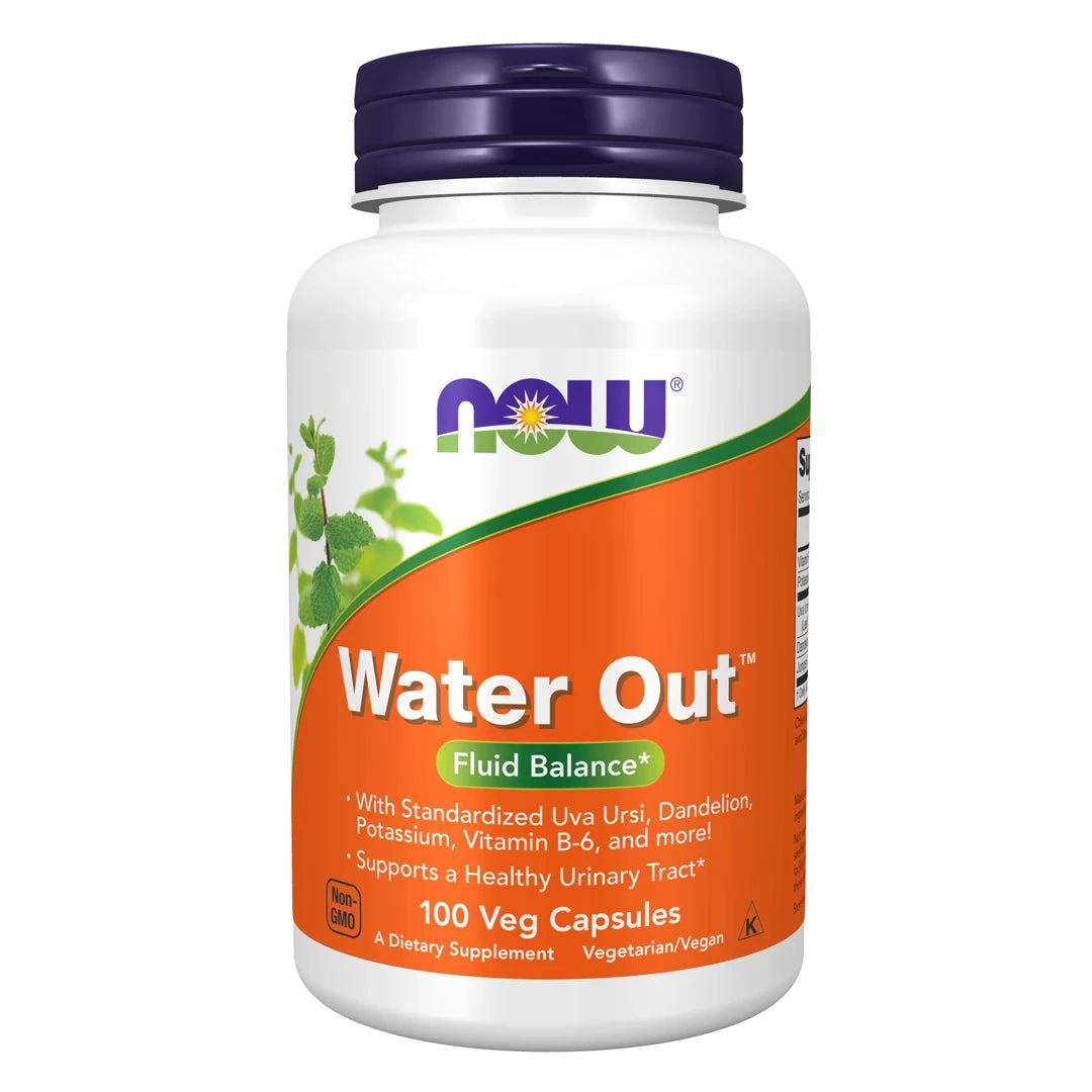 NOW Water Out™ 100 vegcaps -nesteenpoistovalmiste valkoisessa purkissa oranssilla etiketillä ja tummansinisellä kannella., kuva 1/1